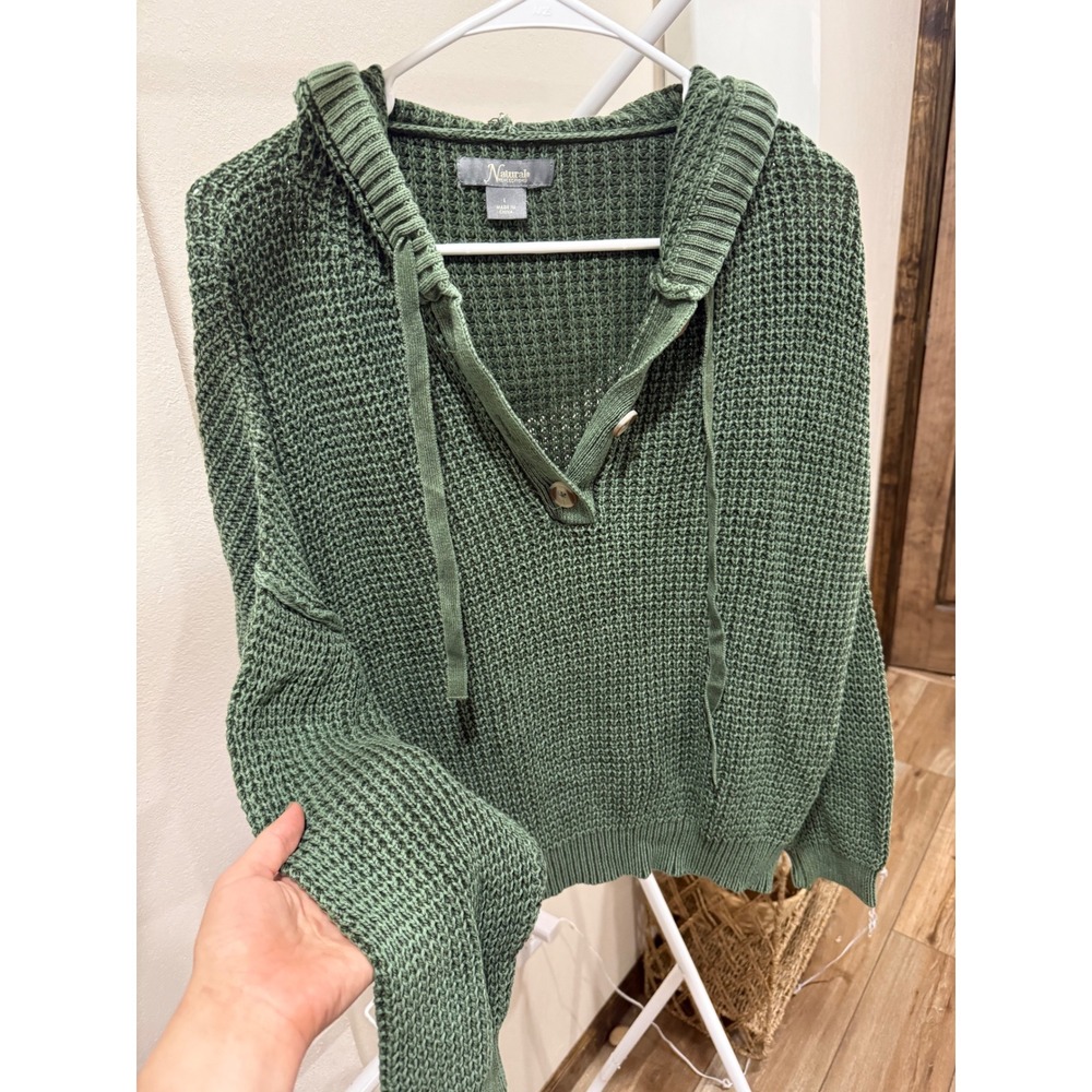 Natural Reflections Womens Sage Green Waffle Knit Henley Hoodie Sweater Large